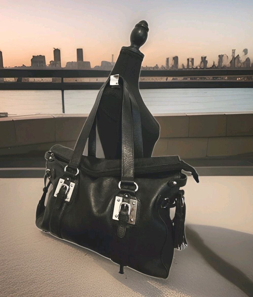 Wilsons XL Black Business Tote Handbag With Tassel And Crossbody Strap 16x11x4.5
